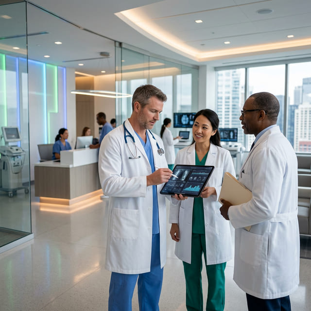 Equipe médica analisando dados de um estabelecimento de saúde em um tablet